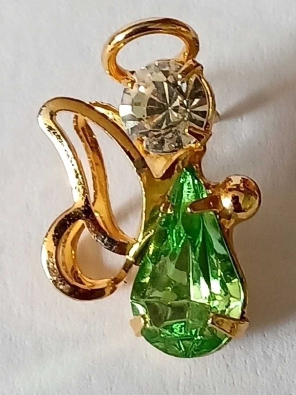 Gold-Tone Angel Brooch with Green Teardrop Crystal